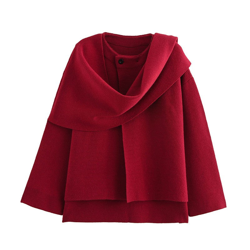 Elegant Coat Women Scarf Collar Long Sleeve Button Irregular Jackets European and American Style Streetwear Casual Outerwear