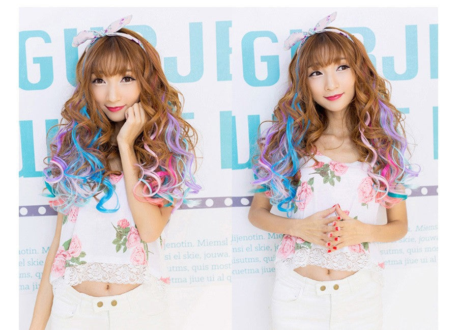 Synthetic Rainbow Wavy Hair Extensions Long Hair Extensions One Single Clip In Wigs Colorful Synthetic Fiber False Fake Hair 20";;VERDADEIRO;;"Q33,20inches