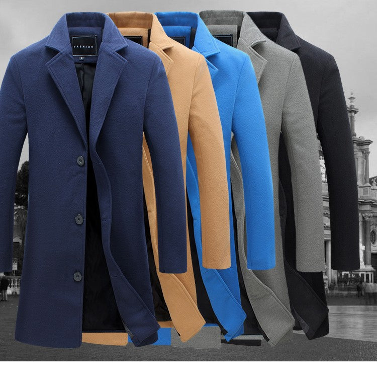 2025 Autumn Winter New Wool Men Long Cotton Coat Blend Pure Color Casual Business Fashion Slim Windbreaker Jacket Men Clothing