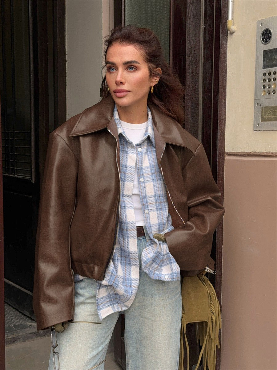 Women Vintage Wine Red Faux Leather Jakcet Fashion Outerwear Zipper Lapel Pu Coats Autumn Winter Streetwear Ladies Short Tops