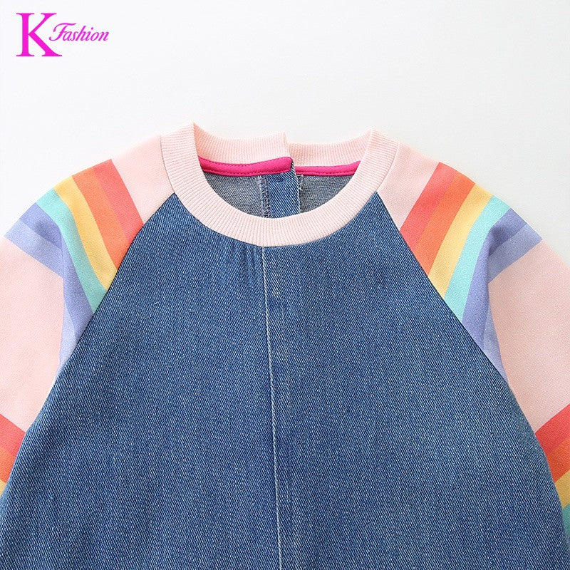 New Girls' Dress Round Neck Children's Princess Dress Denim Fabric Toddler Kids Clothing 4-8Y