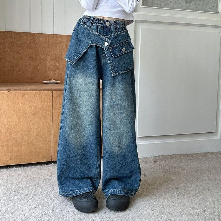 2025 Autumn Trendy Korean Style Flared Jeans for Girls - Medium & Large Kids, Ruffled Long Pants for Junior High Students