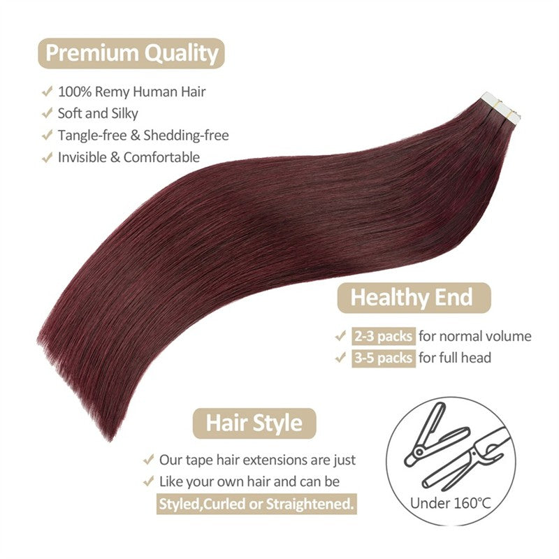 Burgundy Hair Extensions Tape in Real Human Hair Extensions Red #99j Black to Silver Women Straight