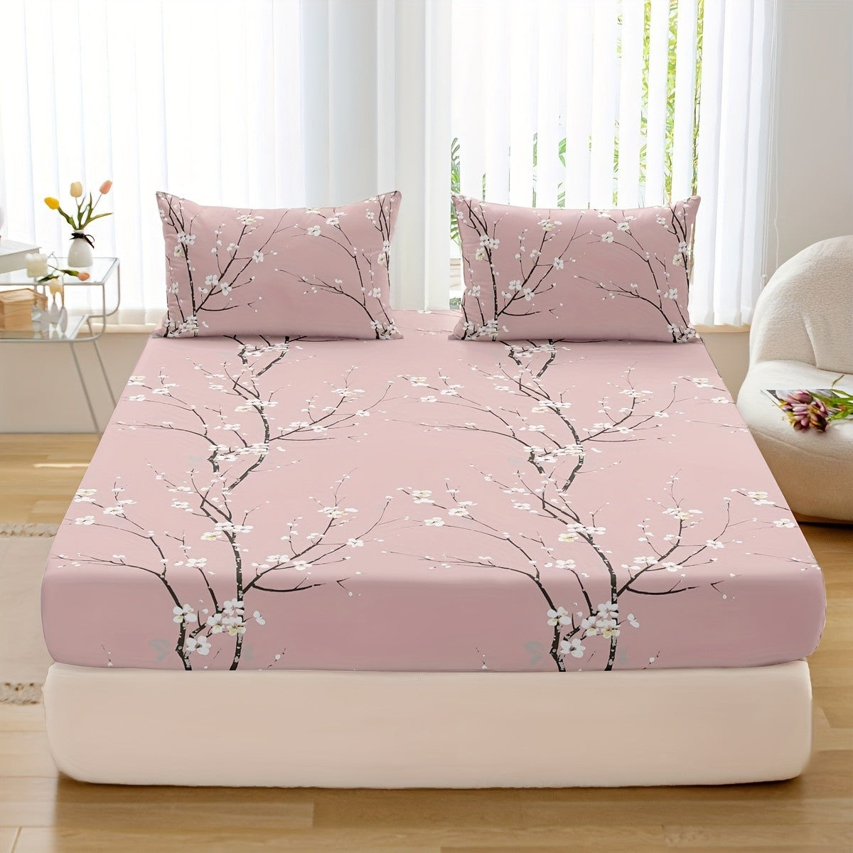 3pcs Printed Pattern Fitted Sheet Set, (1* Fitted Sheet + 2* Pillowcases, Without Core)