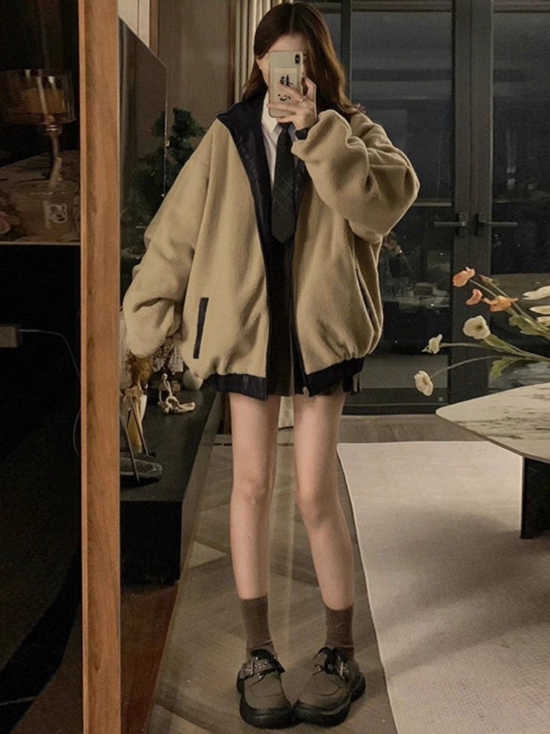 Maillard Fashion PU Leather Jacket With Lambswool Coat Both Sides Female Y2K Winter New Velvet Locomotive Cotton-padded Jacket