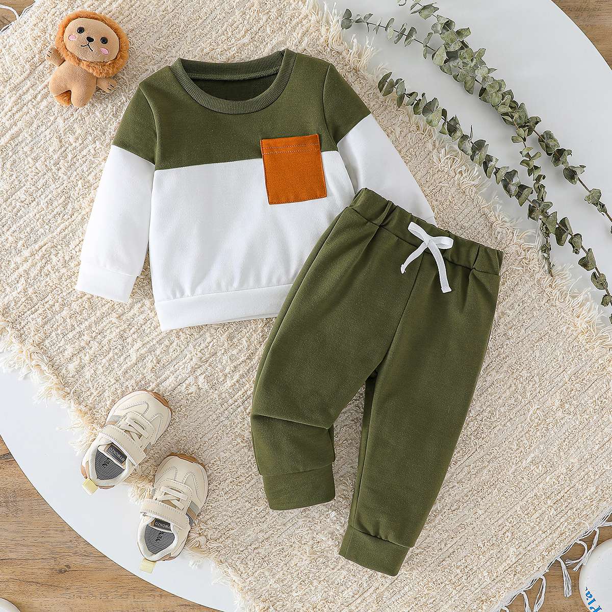 2025 All Seasons Children Clothes Patchwork Kids Boys Two-Piece Set Long Sleeve Pullover Tops Pants Outfits Pants With Bow 1-3Y