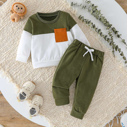 2025 All Seasons Children Clothes Patchwork Kids Boys Two-Piece Set Long Sleeve Pullover Tops Pants Outfits Pants With Bow 1-3Y