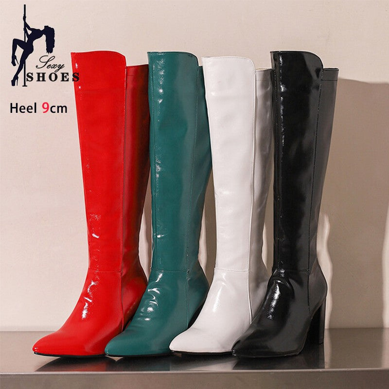 Sexy Women Knee High Boots Pointy Toe Chunky Heels 9CM Boot Large Size 44 45 46 With Zipper Winter Outdoors Leather Female Shoes
