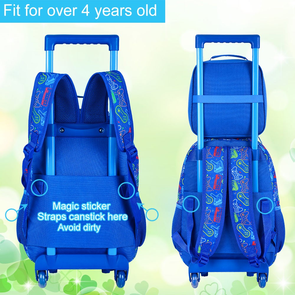 3PCS Rolling Backpack for Boys, Kids Roller Bookbag with Wheels, Gamer Wheeled School Backpack for Elementary Preschool Kinderga