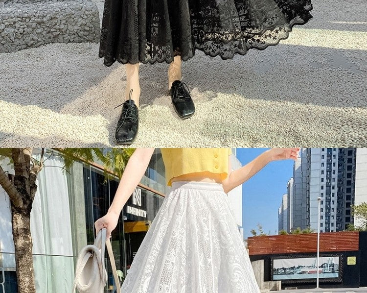 Plus Size plus Size Lace Hollow out f Skirt mid Waist Long Sle Fairy Skirt A-Line Umbrella Skirt Trendy Women's Clothing