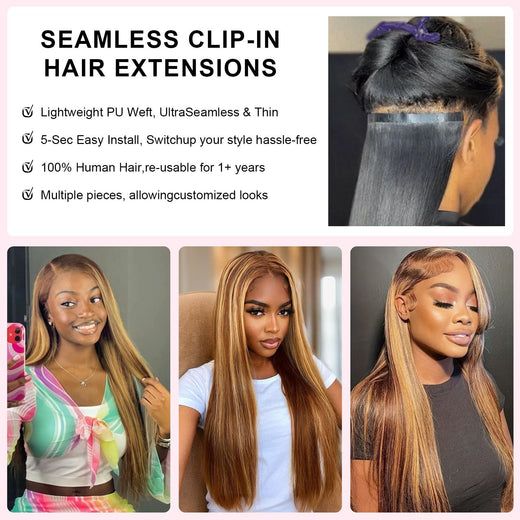4/27 Highlight Clip in Hair Extensions Real Human Hair Color 9Pcs/Set 14-22 Inches Brazilian Clip In Straight Extensions