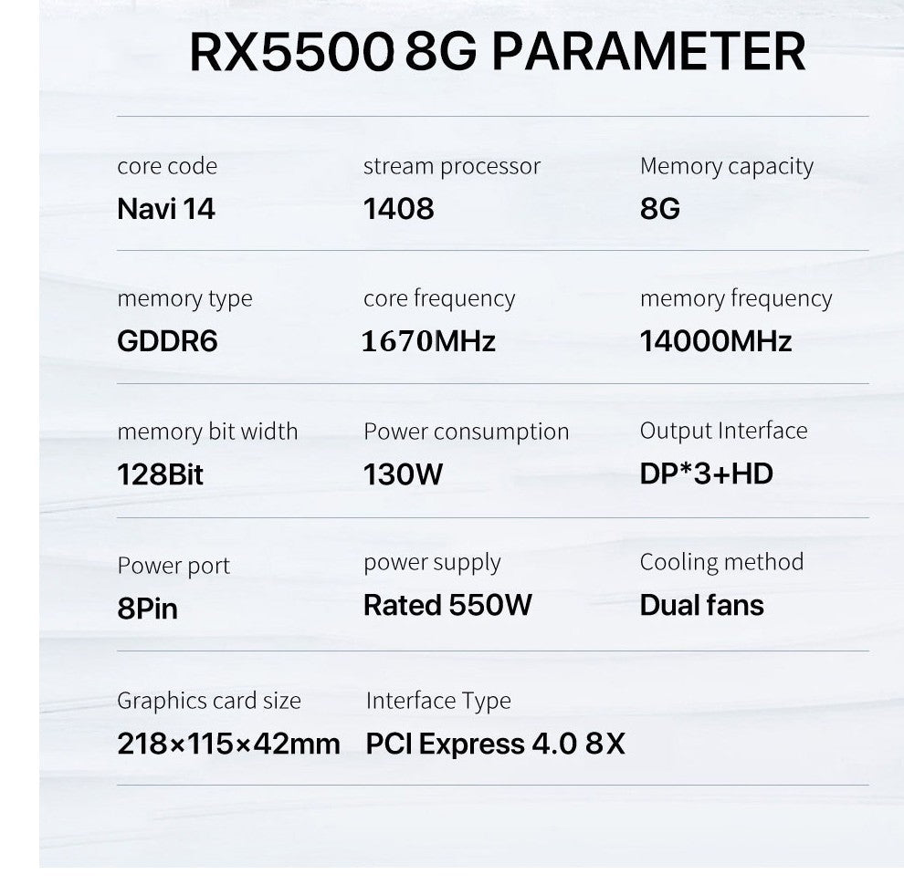 MLLSE Graphics Card RX 5500 8gb Placa De Video Gaming 7NM 128bit GDDR6 8Pin PCI Express 4.0 x 8 1717MHz DP*3 Desktop