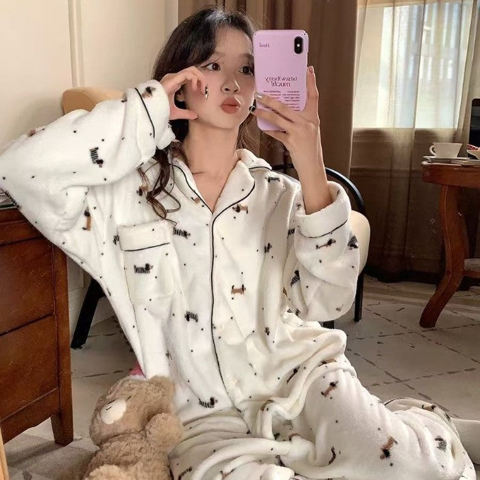 Winter Pajamas Lapel Neck Women's Pajamas Long Sleeve Kawaii Dog Warm Sleepwear Harajuku Style Cute Casual Pajamas Two-Piece