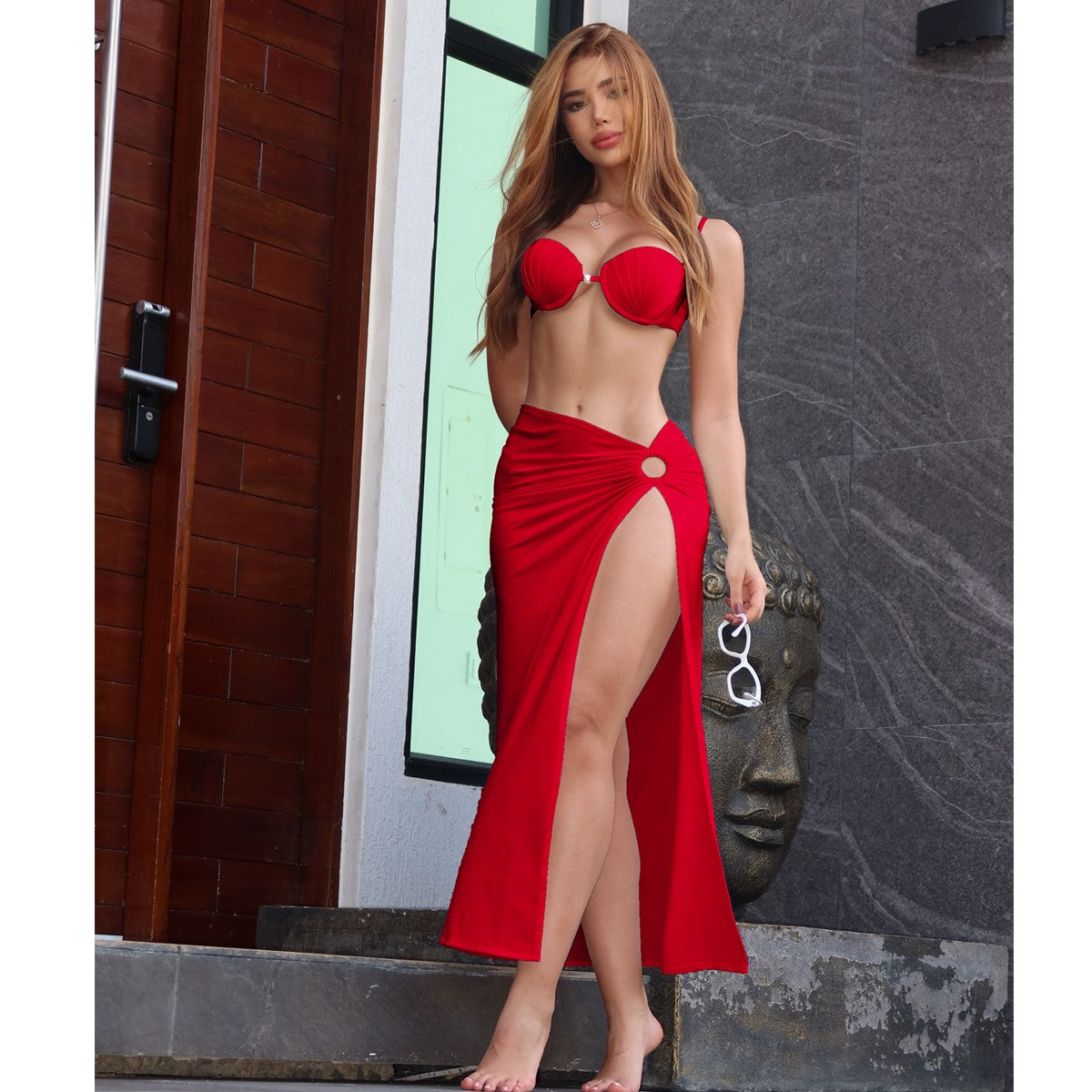 Swimsuit 3 Pcs Set with Tassel Skirt Bikini Women Swimsuit Button High Waist Swimwear Bathing Suit Beachwear Biquini