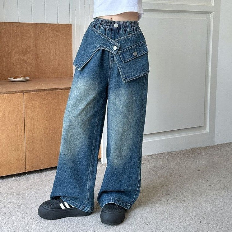2025 Autumn Trendy Korean Style Flared Jeans for Girls - Medium & Large Kids, Ruffled Long Pants for Junior High Students