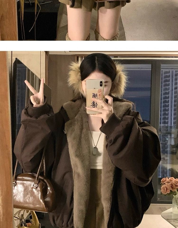 American Retro Reversible Velvet Zipper Hooded Jacket Women Winter Fashion Street Thick Loose Warm Harajuku Casual Plush Jacket