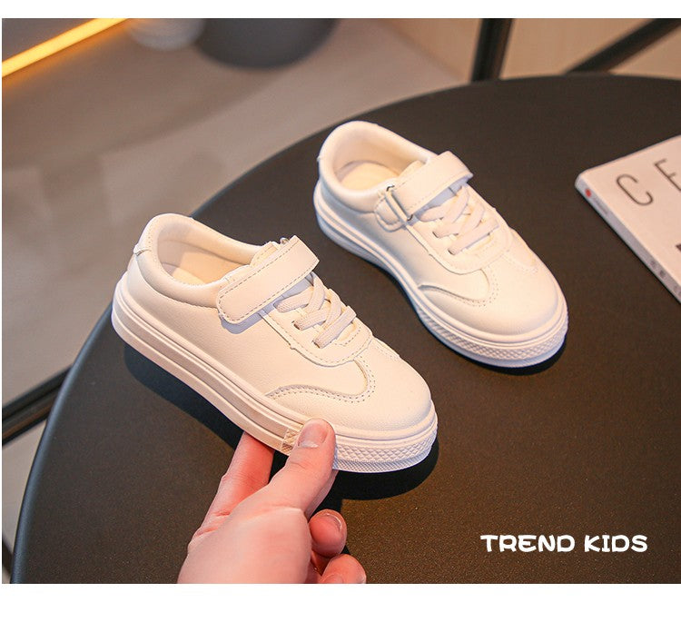 Children Casual Shoes White Pu Leather Plain Design School Kids Sneakers Unisex All-match 26-36 Four Seasons Boys Girls Shoes