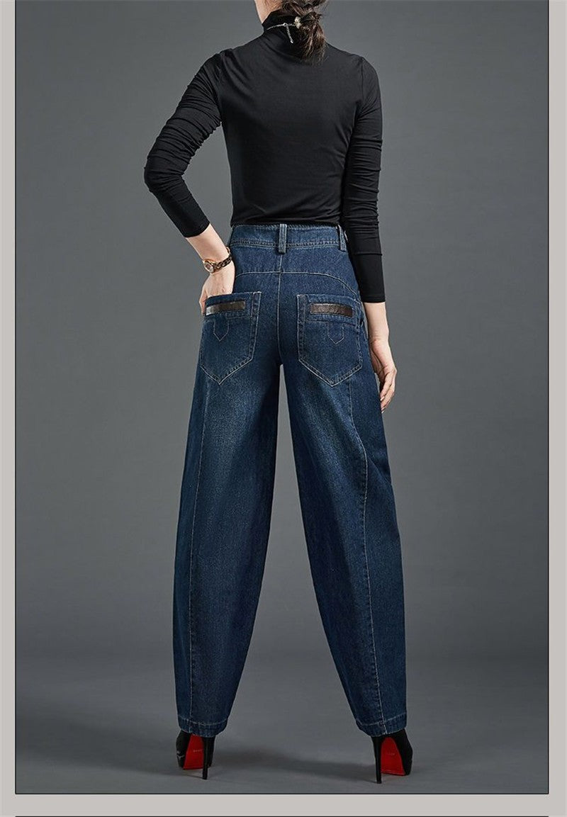 Autumn Winter High Waisted Women Jeans Casual Loose Embroidery Bloomers Trousers Female Fashion Wide Leg Denim Pants Blue