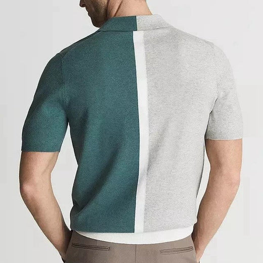 Men's ribbed knitted lapel contrasting shirt, breathable striped pullover casual wear, comfortable and high-quality men's shirt