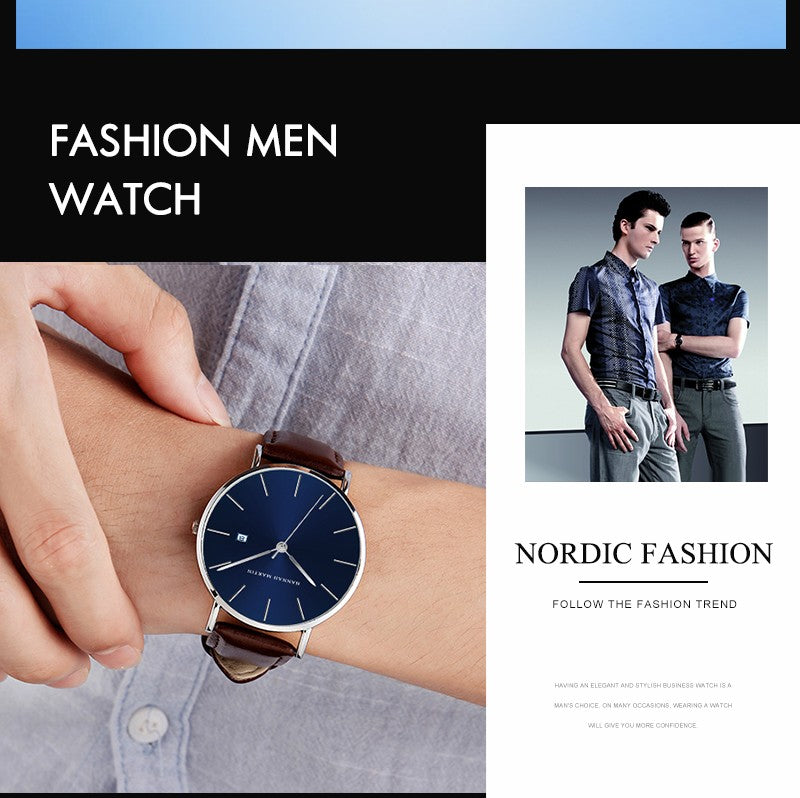 Classic Bauhaus Design Men Watch Dark Blue Japan Quartz Waterproof Stainless Steel Fashion Business Calendar Ultra Thin Watches