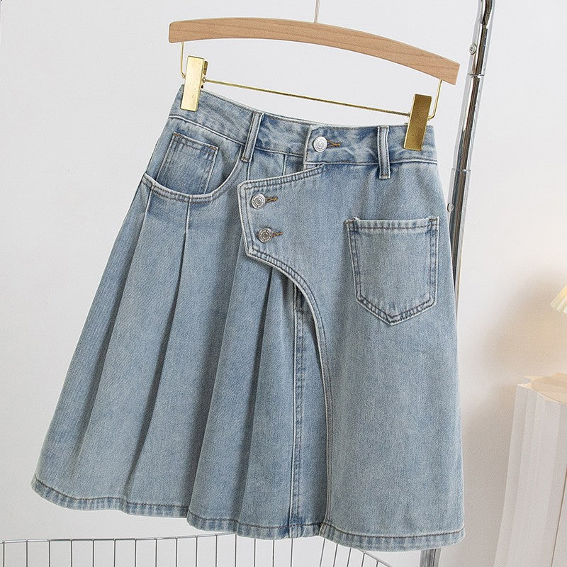 Plus Size Denim A Line Skirt With Lining 2024 Summer New Korean Fashion Pleated Midi Jean Skirt Woman Blue Color Jeans Skirts