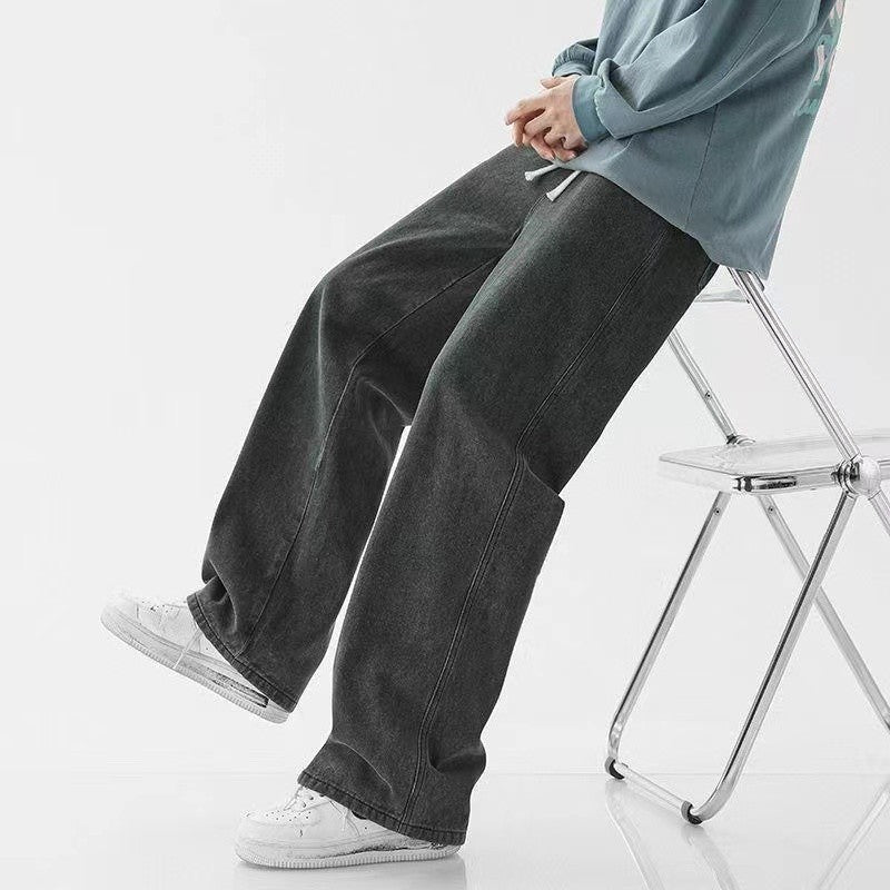 Spring Autumn New Men's Jeans Japanese Vintage Elastic Waist Casual Straight-leg Pants Trendy Wide-leg Trousers Loose Fit