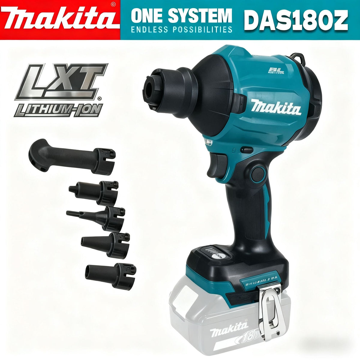 Makita DAS180Z 18V LXT Brushless Cordless Air Blower 5 Nozzles - Clean Dust/Leaves/Cars/Electronics & Workshop(No Battery)