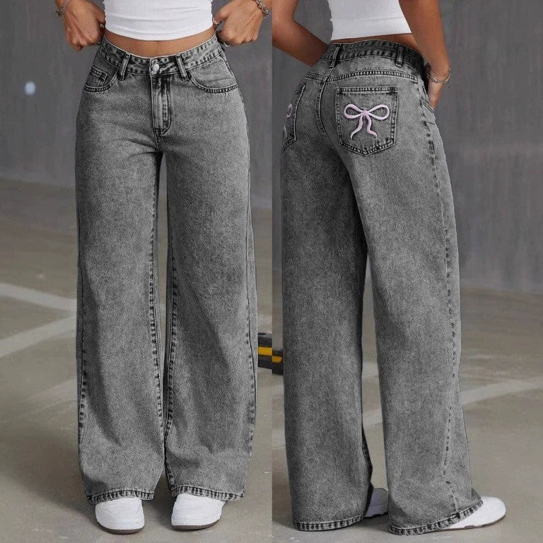 Bow Embroidered Jeans Women's Sweet Spicy Style High Waist Straight Leg Pants Loose Casual Wash High Street Denim Pants