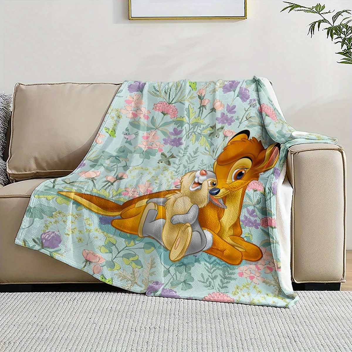 Disney Bambi humper Floral Print Flannel Blanket Home Camping Gifts Soft Cozy Sofa Bed Cover with Vibrant Cartoon Design Decor