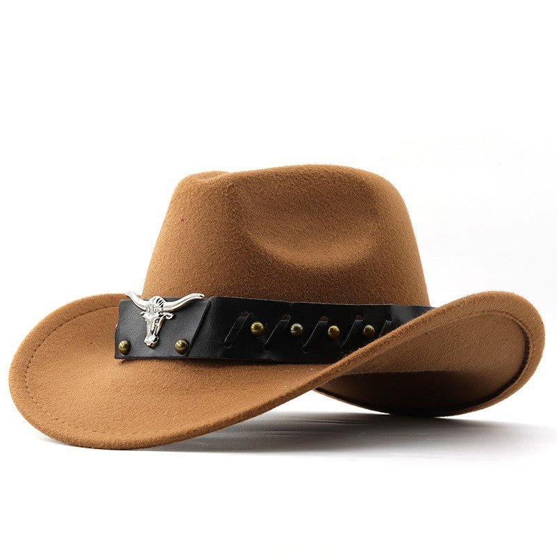 New Western Cowboy Hat Roll Brim Cowgirl Cap Cowboy Jazz Fedora Hats Felt Cap with Cow Band for Women Men