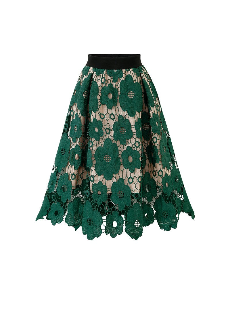 Summer Boho Lace Skirts Women Vintage Mesh Hollow Out Plus Size Skirt Elastic Waist Elegant A-Line Midi Saias Black Red Green
