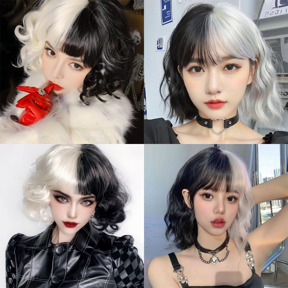 Half-Black And Half-White Cruella Cosplay Synthetic Hair 12-Inch Short Curly Hair Halloween Daily Party With Bangs Wig