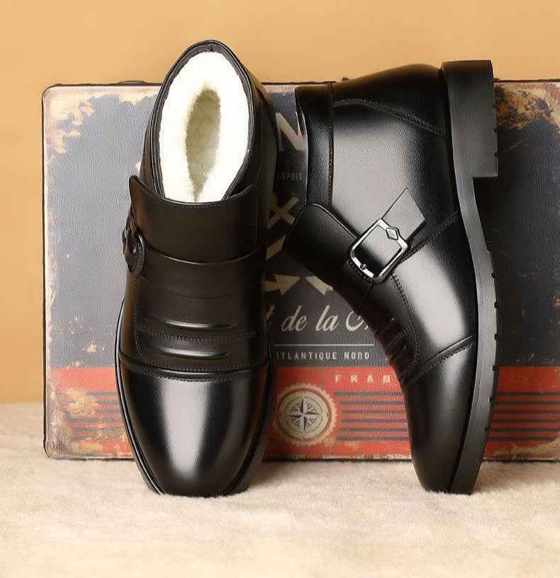 Snow Boots for Men Leather Black British Style Winter Shoes Man Casual Thick Plush Work High Quality Anti Slip Fleece Fashion