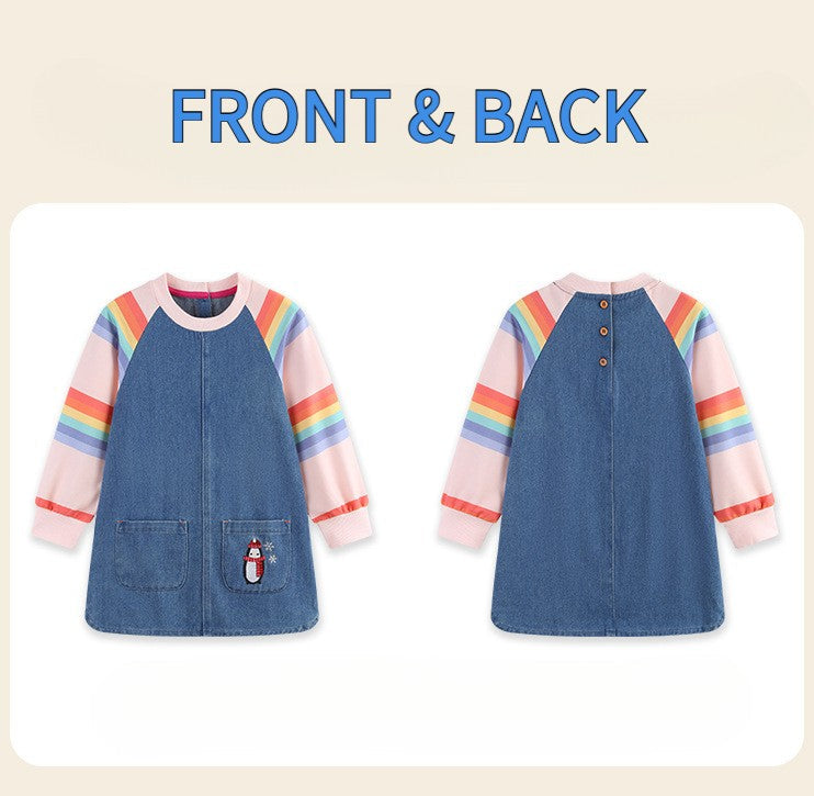New Girls' Dress Round Neck Children's Princess Dress Denim Fabric Toddler Kids Clothing 4-8Y