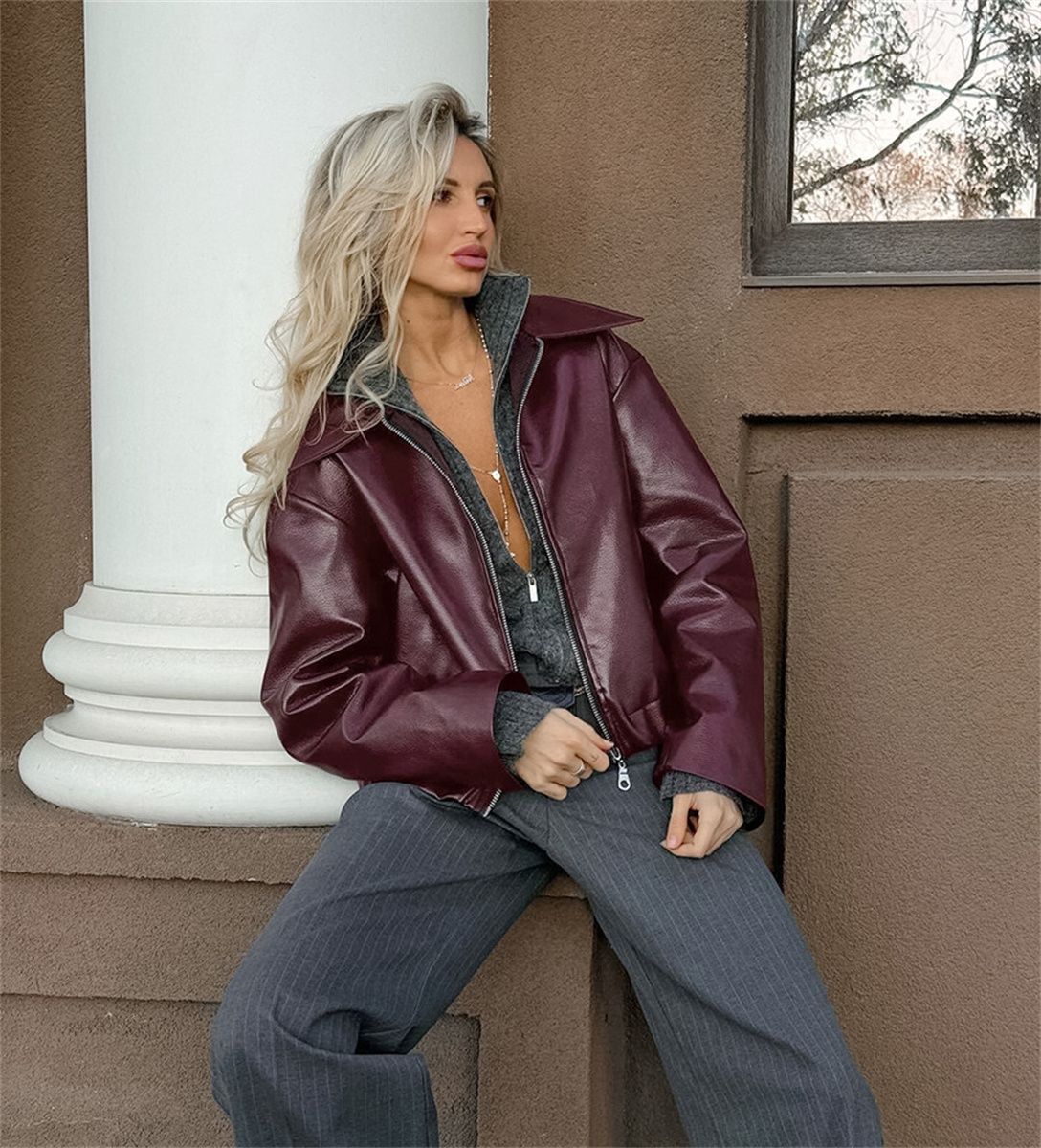 Women Vintage Wine Red Faux Leather Jakcet Fashion Outerwear Zipper Lapel Pu Coats Autumn Winter Streetwear Ladies Short Tops