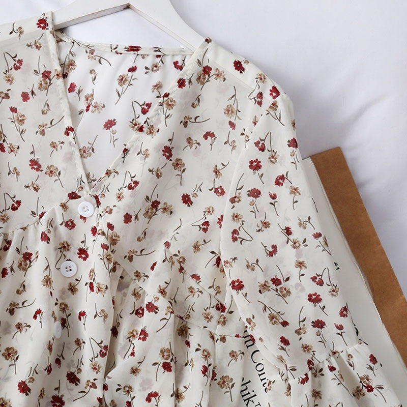 Blouses Women Temperament V Neck Floral Print Sweet Small Fresh Long Sleeves Chiffon Shirt Autumn All-match Short Crop Top