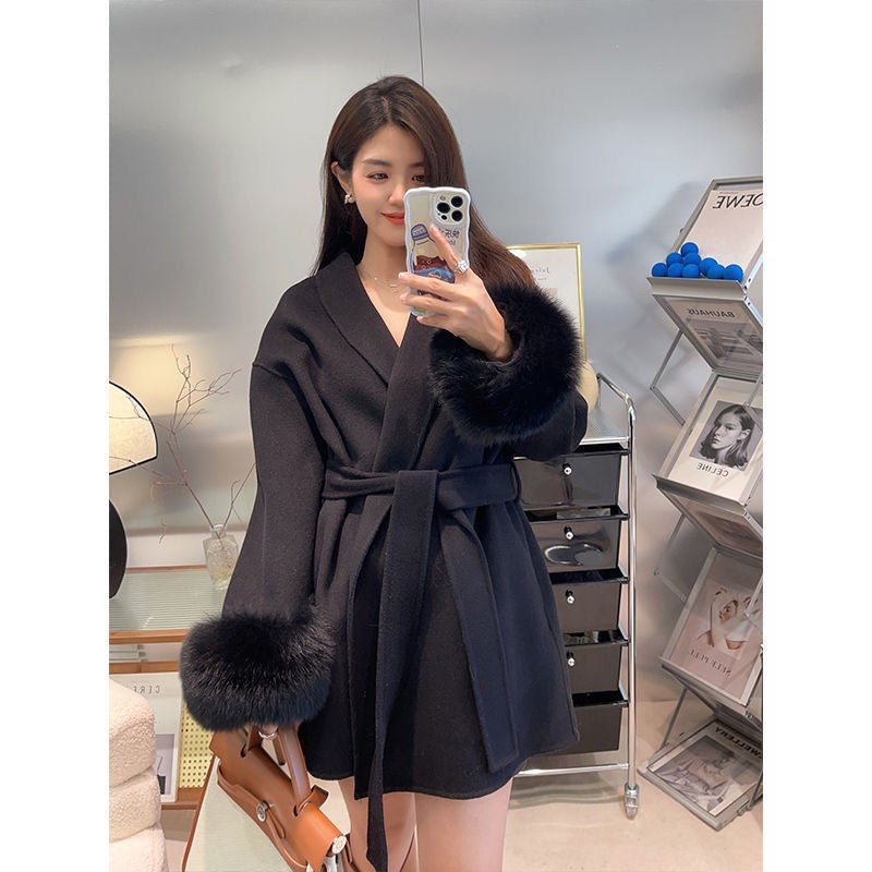 2025 Retro Elegant Lace Up Woolen Casual Overcoat Women Harajuku Loose Warm Plush Long-sleeved Autumn Fashion New Street Jacket
