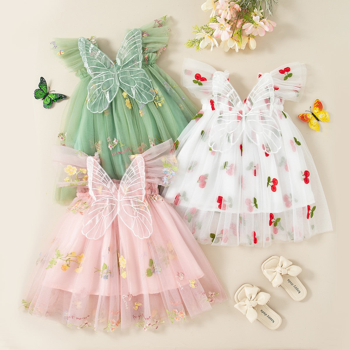 Summer New Sweet Butterfly Wing Baby Girl Princess Dress, Floral Chiffon Wedding Party Children'S Sleeveless Clothes (0-4 Years?