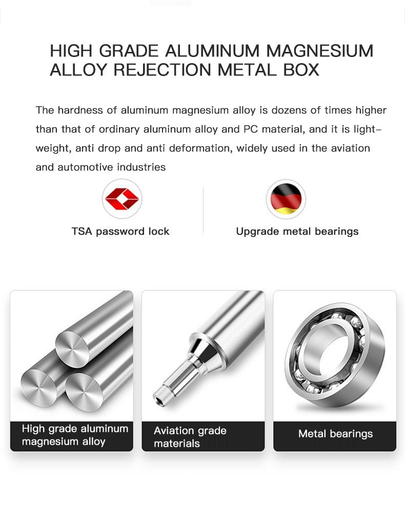 All-aluminum-magnesium alloy suitcase: women's 24-inch aluminum-framed swivel trolley case, men's 20-inch boarding travel metal