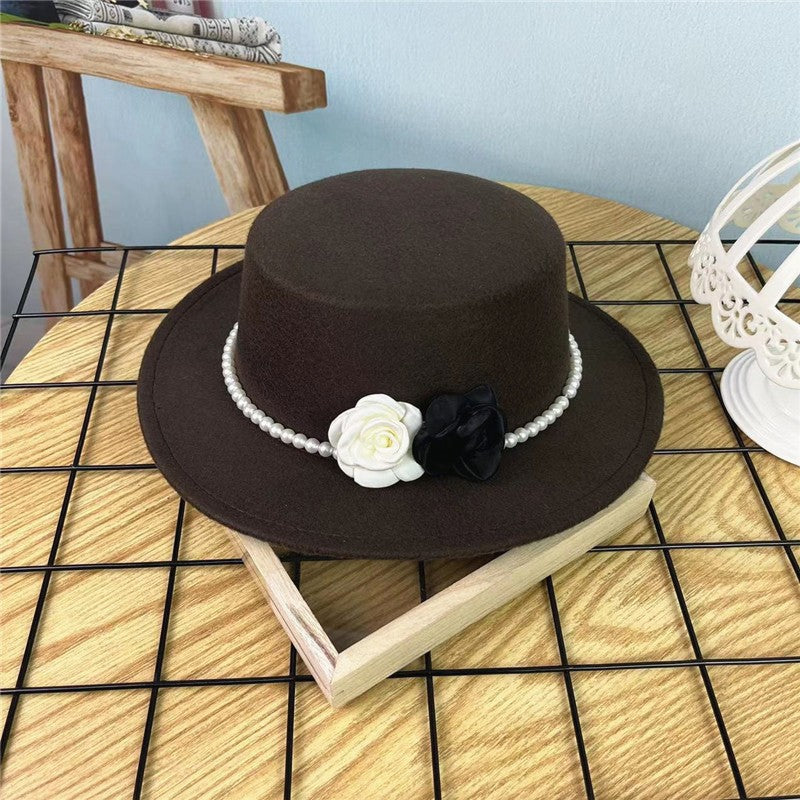 Women's Floral Chain Fedora High Fashion with Pearl Pins Bump Cap Black White Autumen Winter Ladies Fedoras Wide Brim Girl Hat