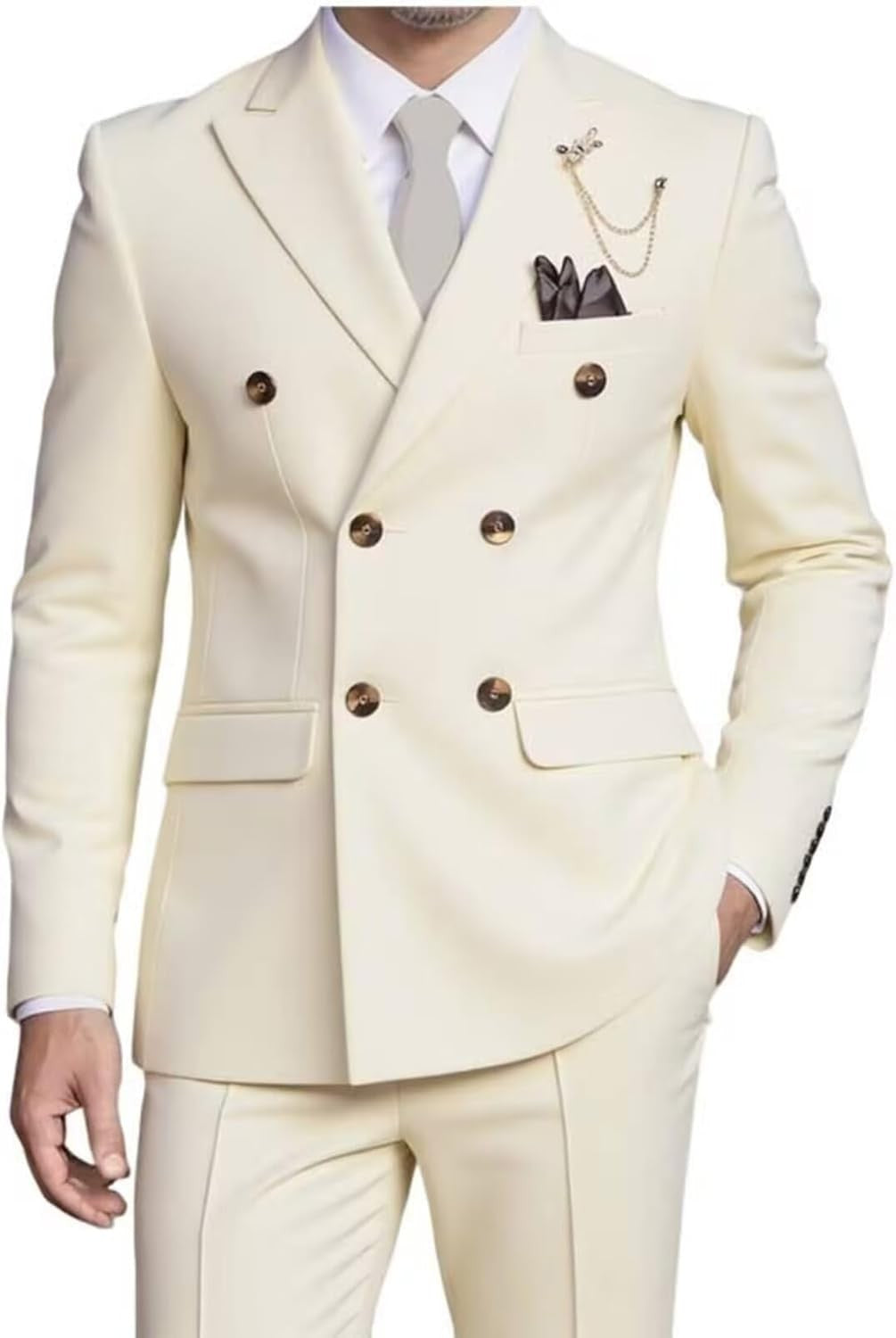 Men's Double-Breasted Suit Set,Business Formal Suit with Pants, Classic 6-Button Design