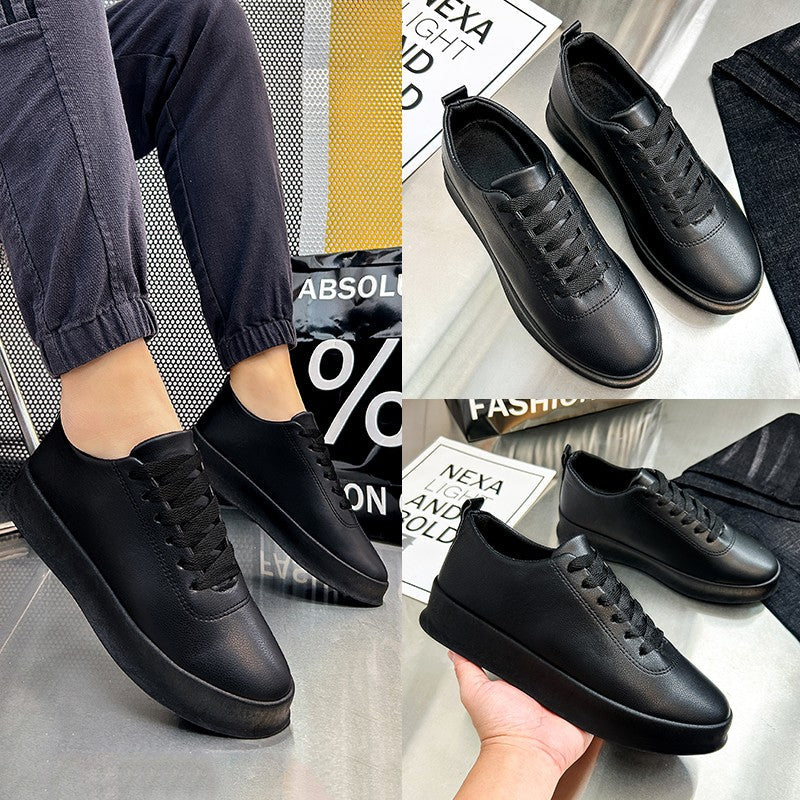 Fashion Thick Sole Black White Soft Men Leather Shoes Platform Men Casual Board Shoes Walking Sport Shoes Lightweight Work Shoes