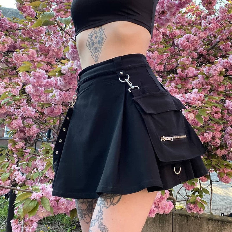 Plus Size Harajuku Punk Gothic Black High Waist Black Skirts Women Sexy Patchwork Bandage Mini Female Streetwear