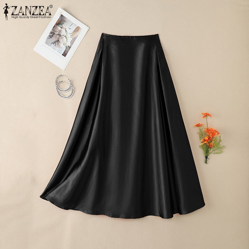 2025 Stylish Autumn High Waist Party Satin Skirts ZANZEA Women Jupe Plus Size Solid A-line OL Work Faldas Saia Maxi Long Skirt