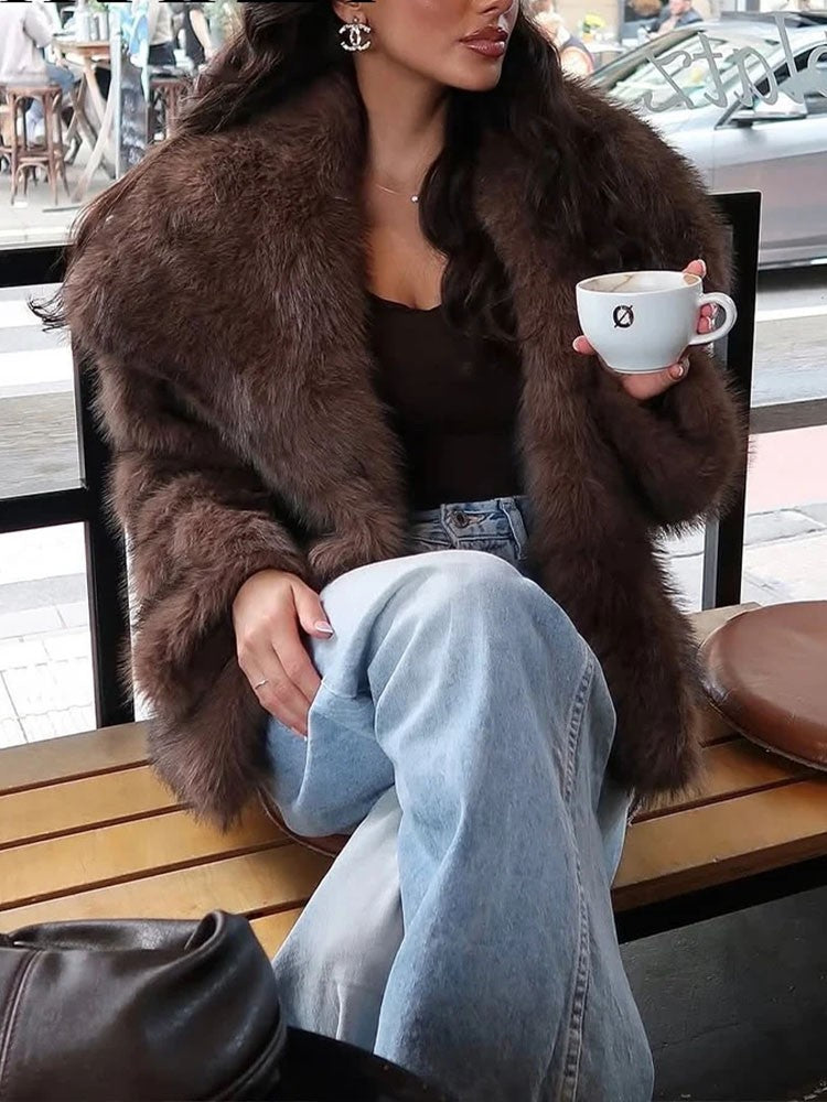 HH 2025 Vintage Women Cropped Faux Fur Jacket Long Sleeve Turn-Down Collar Female Plush Wool Coats Chic Lady Fur Outerwear