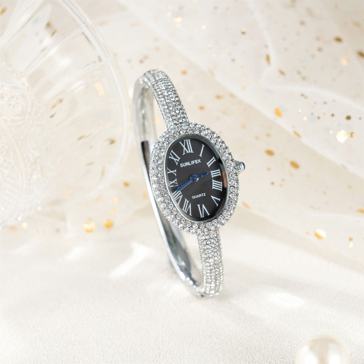 New Luxury Elegant ladies' Bracelet Wrist Watch Roman Numeral Inlaid Rhinestones Oval Waterproof Women's Quartz Watch Reloj