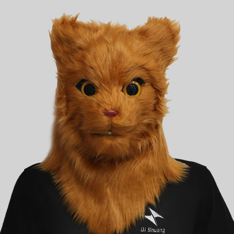 Movable Mouth Cat Head Mask Animal Latex Cute Helmet Artificial Fur for Halloween Costumes Party Props Adult Size