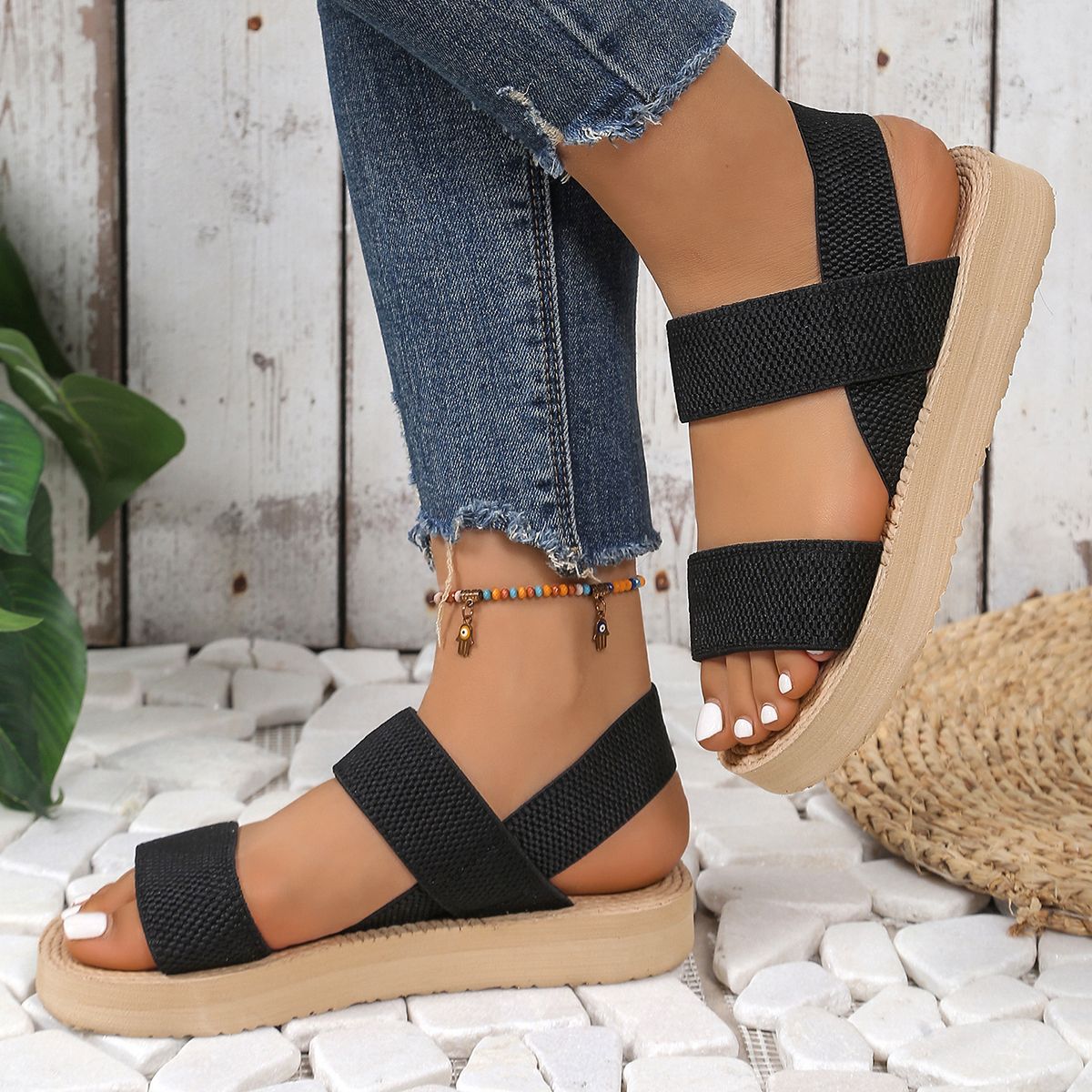 2025 Women's fashion trend anti-slip wear-resistant pure black belt soft soled high-heeled sandals shoes for women