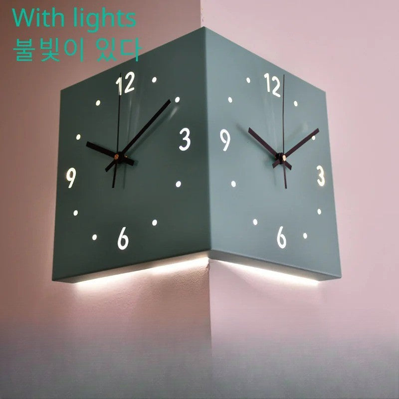 Creative Light Sensor Corner Wall Clock Square Simple Double Sided Wall Clock with Arabic Numeral Scale Analog Silent Wall Clock