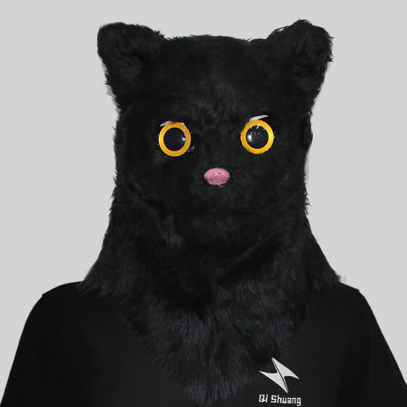 Movable Mouth Cat Head Mask Animal Latex Cute Helmet Artificial Fur for Halloween Costumes Party Props Adult Size